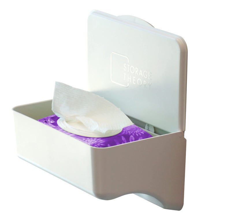 Storage Theory | Wipe Holder | Peel and Stick Adhesive Mount | Flushable Wipes and Shelf | Feminine Product Storage | Adult Wipes | Bathroom Phone Shelf | No Hardware Needed - White 1pk - Image 1
