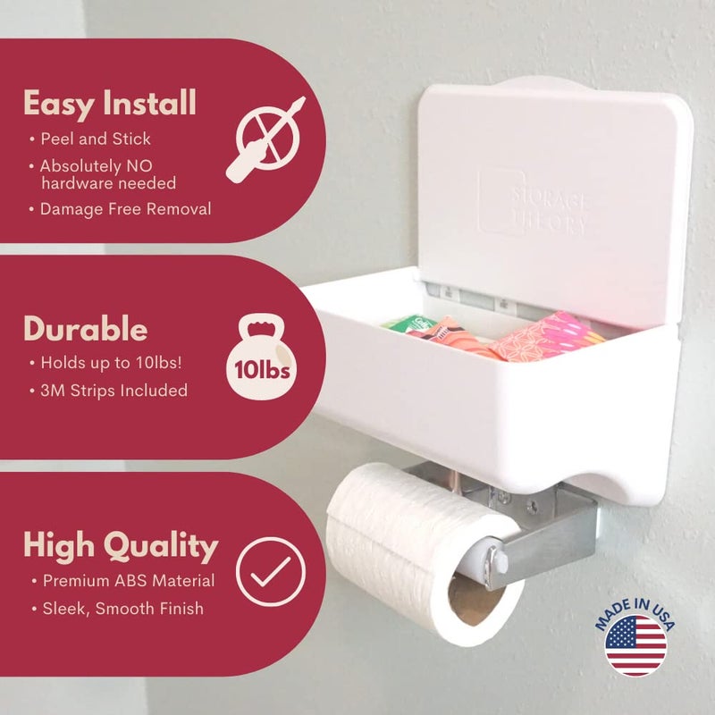 Storage Theory | Wipe Holder | Peel and Stick Adhesive Mount | Flushable Wipes and Shelf | Feminine Product Storage | Adult Wipes | Bathroom Phone Shelf | No Hardware Needed - White 1pk - Image 2