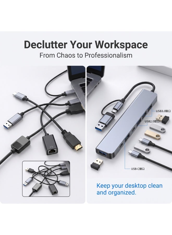 Dual Head 7 in 1 USB C Hub Multiport Adapter, USB3.0 + 4 USB2.0 + USB-C PD Charging Port, Portable Laptop Docking Station for Type-C & USB-A Laptops - Image 2