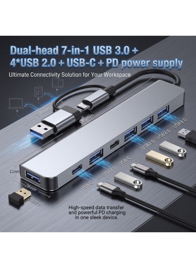 Dual Head 7 in 1 USB C Hub Multiport Adapter, USB3.0 + 4 USB2.0 + USB-C PD Charging Port, Portable Laptop Docking Station for Type-C & USB-A Laptops - Image 1