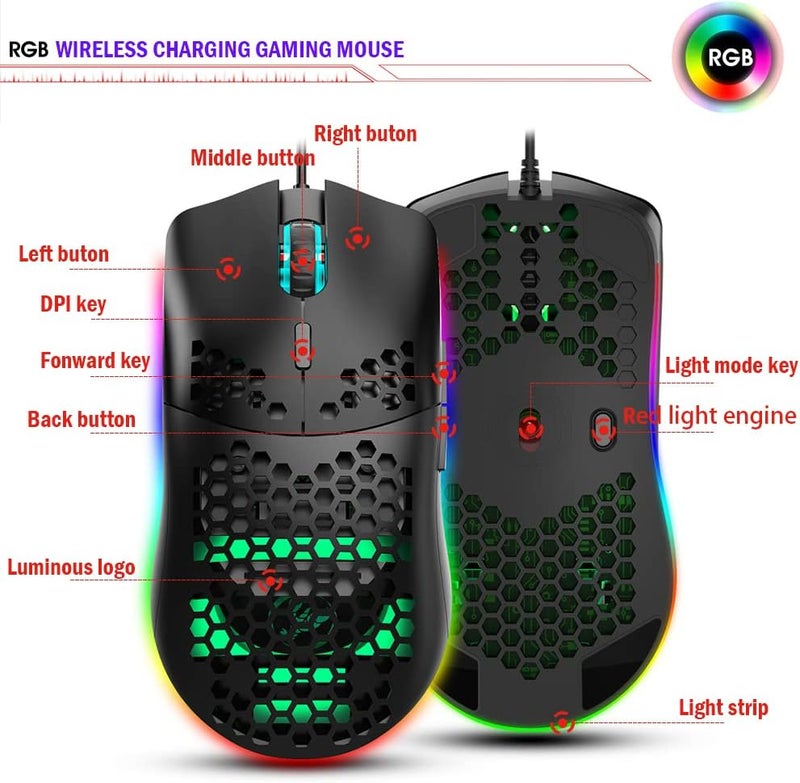 Aerbee USB Gaming Mouse, Honeycomb Hollow Design Ergonomic Wired Mouse with Backlight, up to 6400 DPI, RGB Gaming Mouse for Mac, Laptop, Computer, PC - Image 3