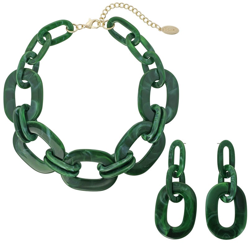 Bocar Acrylic Chunky Statement Necklace for Women Cube Link Chain Collar Necklace and Hoop Earrings Costome Jewelry Set (NK-10667-Deep Green) - Image 1