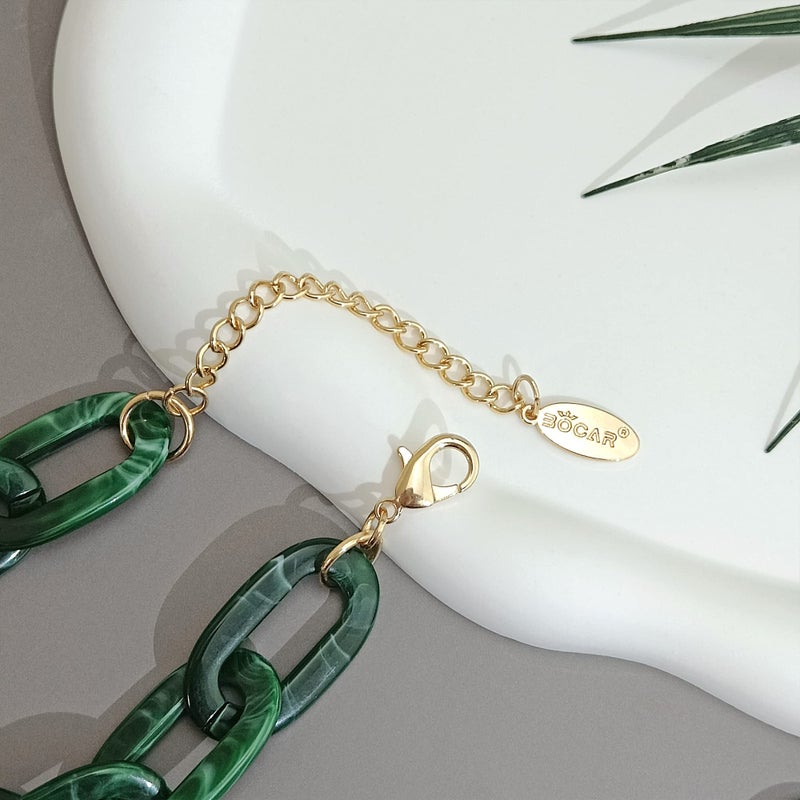 Bocar Acrylic Chunky Statement Necklace for Women Cube Link Chain Collar Necklace and Hoop Earrings Costome Jewelry Set (NK-10667-Deep Green) - Image 5