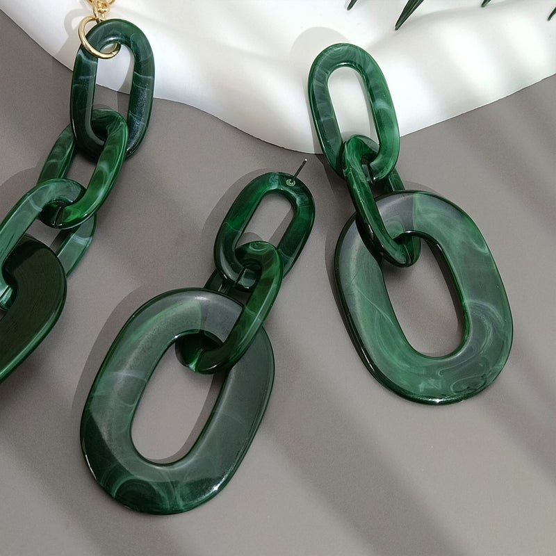 Bocar Acrylic Chunky Statement Necklace for Women Cube Link Chain Collar Necklace and Hoop Earrings Costome Jewelry Set (NK-10667-Deep Green) - Image 4
