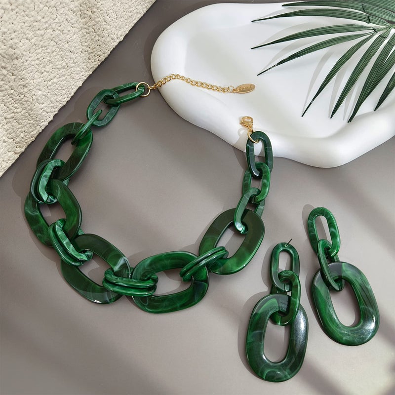 Bocar Acrylic Chunky Statement Necklace for Women Cube Link Chain Collar Necklace and Hoop Earrings Costome Jewelry Set (NK-10667-Deep Green) - Image 3