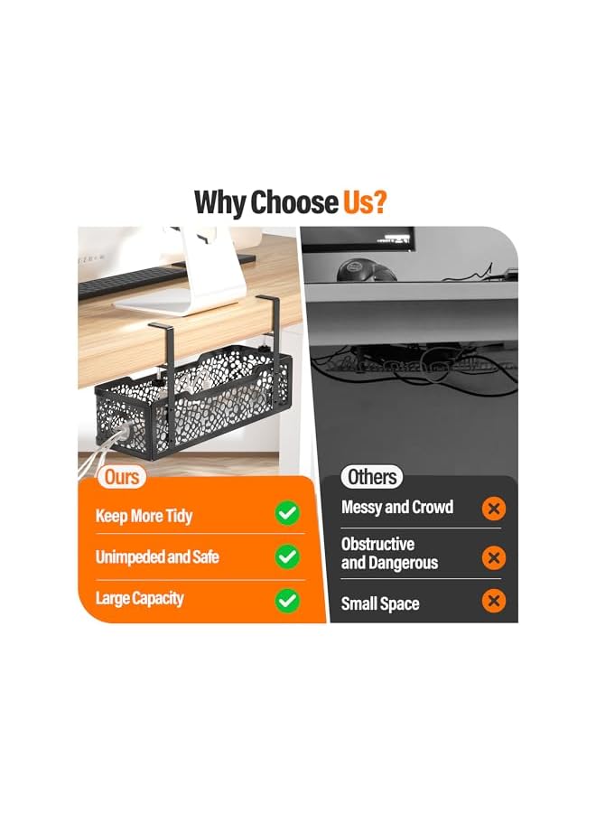 promass Under Desk Cable Management Tray No Drill, Upgraded Clamp Cable Management Box, Computer Cord Organizer for Desk, Desk Wire Management for Office, Home -No Damage to Desk (Black) - Image 3