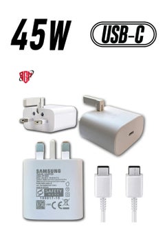 45W Samsung Super Fast Charging Adaptive UK Wall Plug and Type C to Type C Data Sync Cable/Lead For Samsung Galaxy Note 10,10+ Plus 5,10,S10,S10+,S10e,S9,S9, all Type C Devices-White