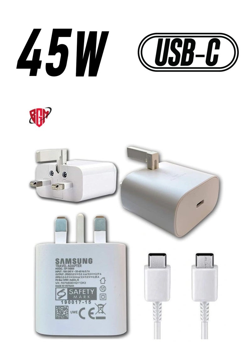 BGM - 45W Samsung Super Fast Charging Adaptive UK Wall Plug and Type C to Type C Data Sync Cable/Lead For Samsung Galaxy Note 10,10+ Plus 5,10,S10,S10+,S10e,S9,S9, all Type C Devices-White - Image 1
