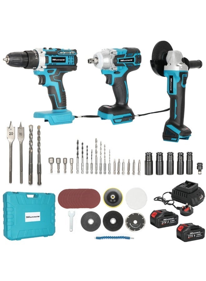 TriThardware 21V Power Tool Combo Kit, 2pcs Batteries, Charger, Impact Drill, Impact Wrench, Angle Grinder with Accessories-Blue - Image 1