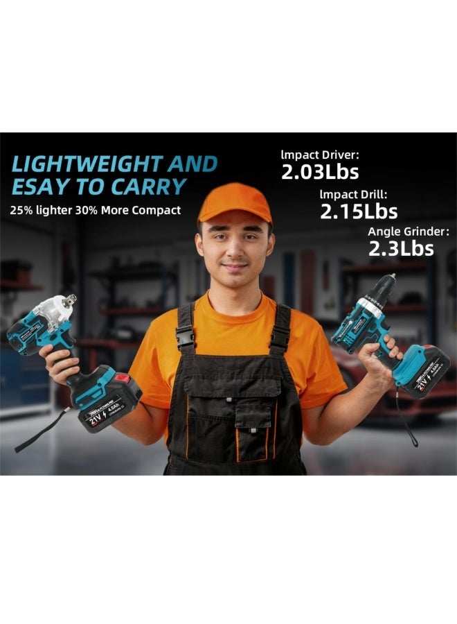 TriThardware 21V Power Tool Combo Kit, 2pcs Batteries, Charger, Impact Drill, Impact Wrench, Angle Grinder with Accessories-Blue - Image 3
