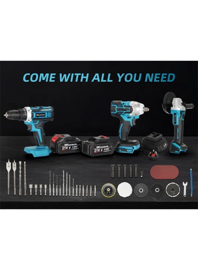 TriThardware 21V Power Tool Combo Kit, 2pcs Batteries, Charger, Impact Drill, Impact Wrench, Angle Grinder with Accessories-Blue - Image 5