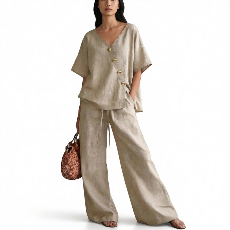 Loose Linen V-Neck Wide Leg Pants Two Piece Set Summer Casual Vacation Outfit - Image 1