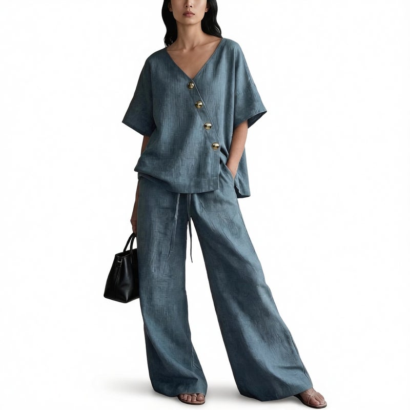 Loose Linen V-Neck Wide Leg Pants Two Piece Set Summer Casual Vacation Outfit - Image 3