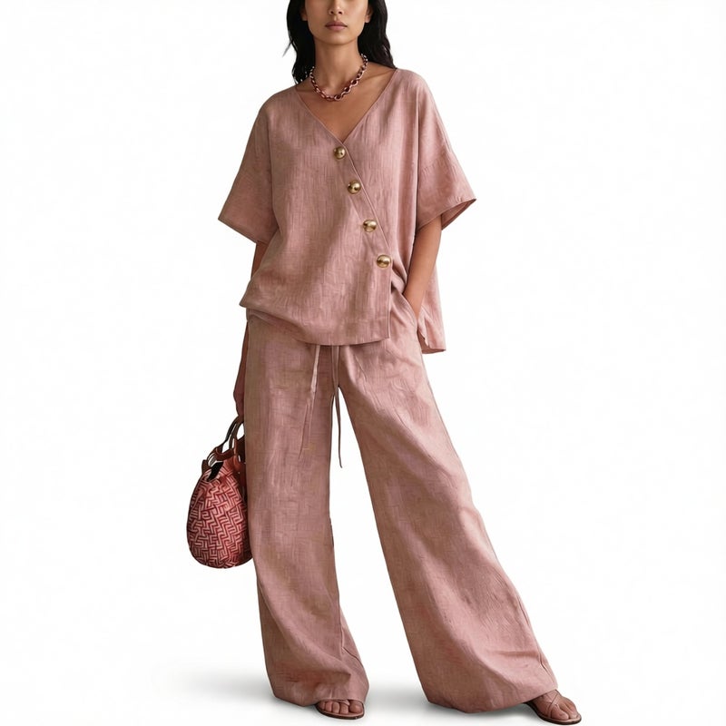 Loose Linen V-Neck Wide Leg Pants Two Piece Set Summer Casual Vacation Outfit - Image 4