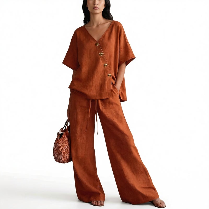 Loose Linen V-Neck Wide Leg Pants Two Piece Set Summer Casual Vacation Outfit - Image 2