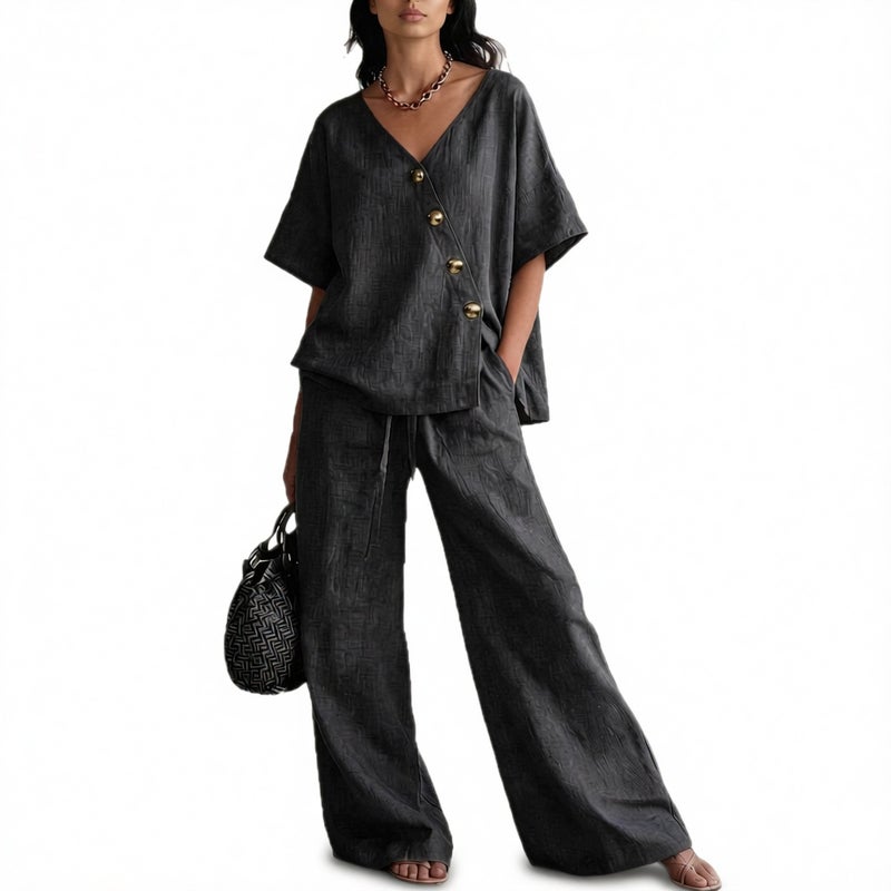 Loose Linen V-Neck Wide Leg Pants Two Piece Set Summer Casual Vacation Outfit - Image 5