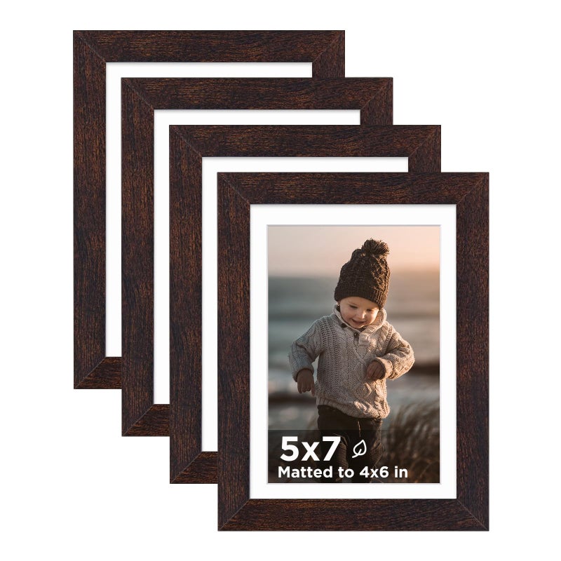 KINLINK 5x7 Picture Frame Brown Set of 4 Wooden Photo Frames Matted 4x6 with Plexiglass for 4x6 with Mat or 5x7 without Mat for Table and Wall Display
