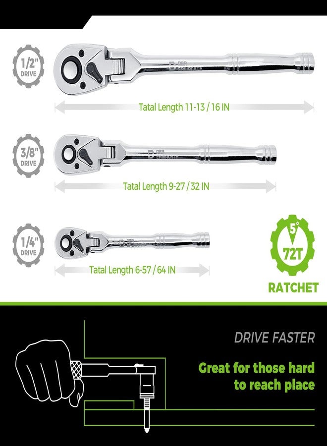 Der Erwachte 3-Piece Flex-Head Ratchet Set, 1/4", 3/8", 1/2" Drive Ratchet, 72-Tooth with Quick-Release Reversible Design, Chrome Alloy Made, Fully Polished,with EVA Foam - Image 5