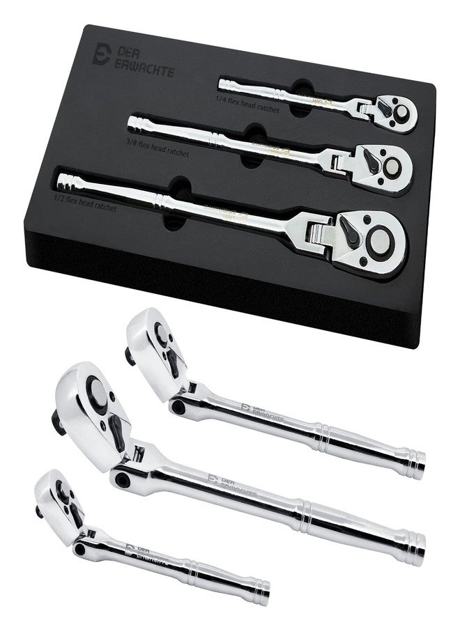 Der Erwachte 3-Piece Flex-Head Ratchet Set, 1/4", 3/8", 1/2" Drive Ratchet, 72-Tooth with Quick-Release Reversible Design, Chrome Alloy Made, Fully Polished,with EVA Foam - Image 1