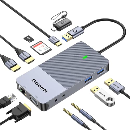 QGeeM USB 3.0 Laptop Docking Station, Triple Display USB Hub Hdmi Splitter Extender Dual Monitor,USB Dock with 2 HDMI, VGA, USB 3.0, Card Reder Compatible for MacBook M1 M2 M3 M4 Dell HP Lenovo Mac OS - Image 1