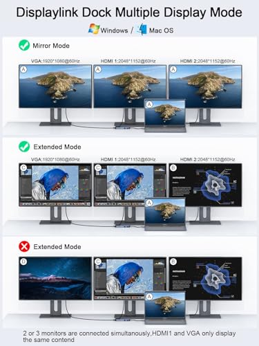 QGeeM USB 3.0 Laptop Docking Station, Triple Display USB Hub Hdmi Splitter Extender Dual Monitor,USB Dock with 2 HDMI, VGA, USB 3.0, Card Reder Compatible for MacBook M1 M2 M3 M4 Dell HP Lenovo Mac OS - Image 5