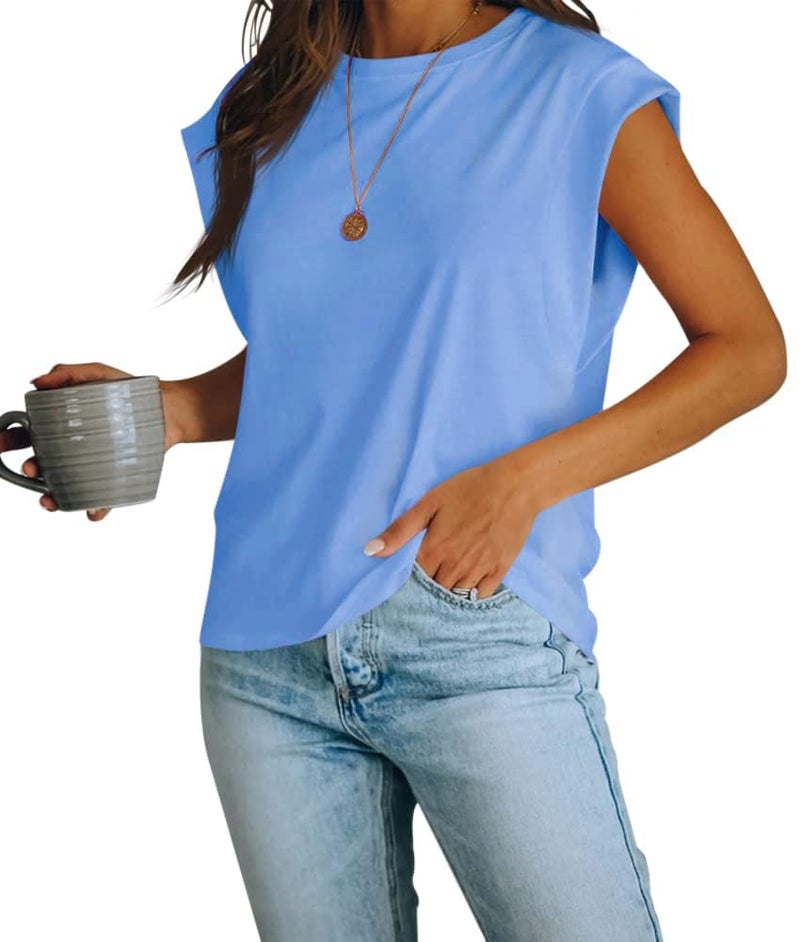 Fazortev Women's Cap Sleeve Tank Top Crew Neck T Shirts Loose Fit Basic Summer Casual Tee Tops Blue - Image 1