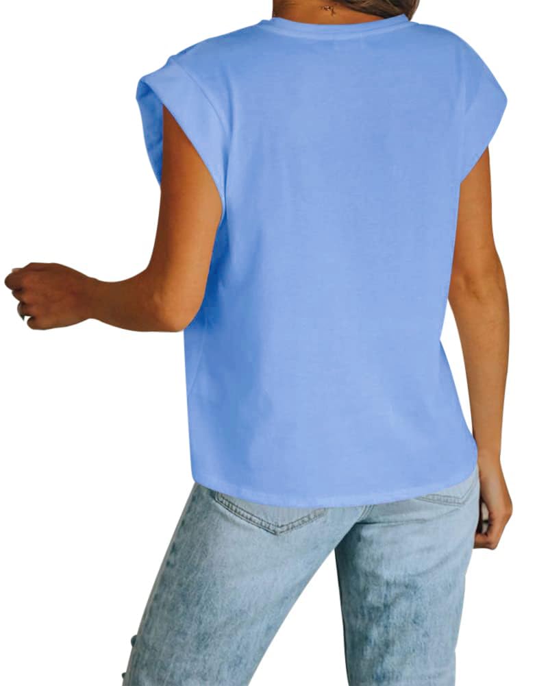 Fazortev Women's Cap Sleeve Tank Top Crew Neck T Shirts Loose Fit Basic Summer Casual Tee Tops Blue - Image 3