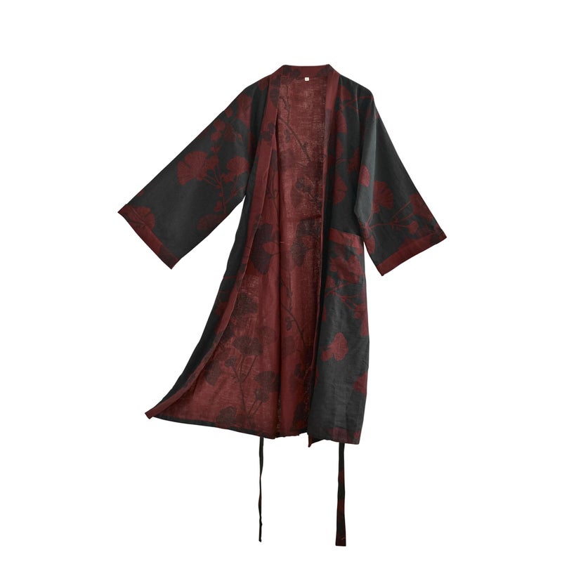 Purefair 100% Cotton Gauze Ginkgo Leaf Kimono Robe, Long Knit Loose Bathrobe Nightgown Ladies Loungewear Sleepwear for Women - Image 1