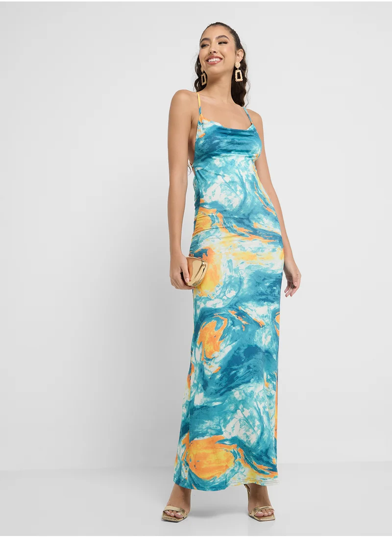 جينجر Satin Blurred Tie Dye Slip Dress