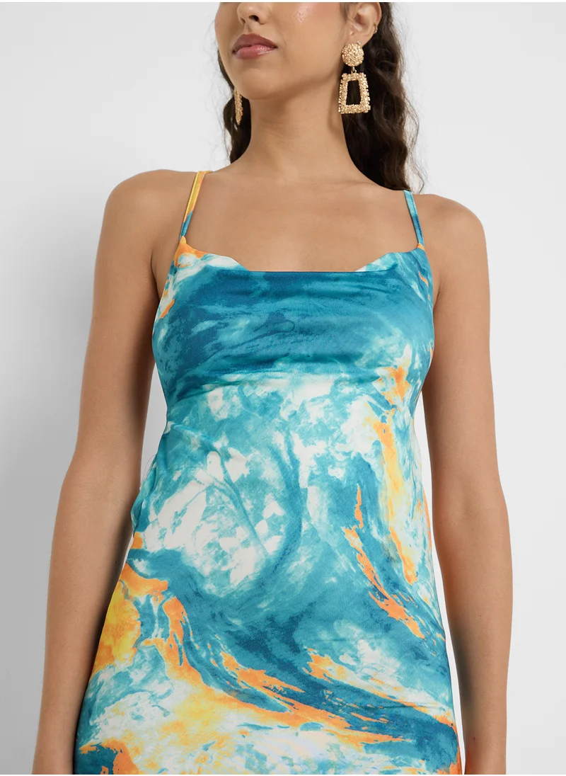 جينجر Satin Blurred Tie Dye Slip Dress