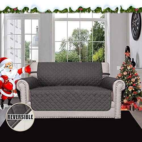 Easy-Going Reversible Loveseat Couch Cover for 2 Cushion Couch Sofa Cover for Dogs Water Resistant Furniture Protector with Foam Sticks Elastic Straps for Pet (Loveseat, Gray/Ivory) - Image 2