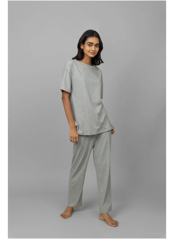 نسيسير Grey Melange Cotton Lycra Side Slit Pajama Set