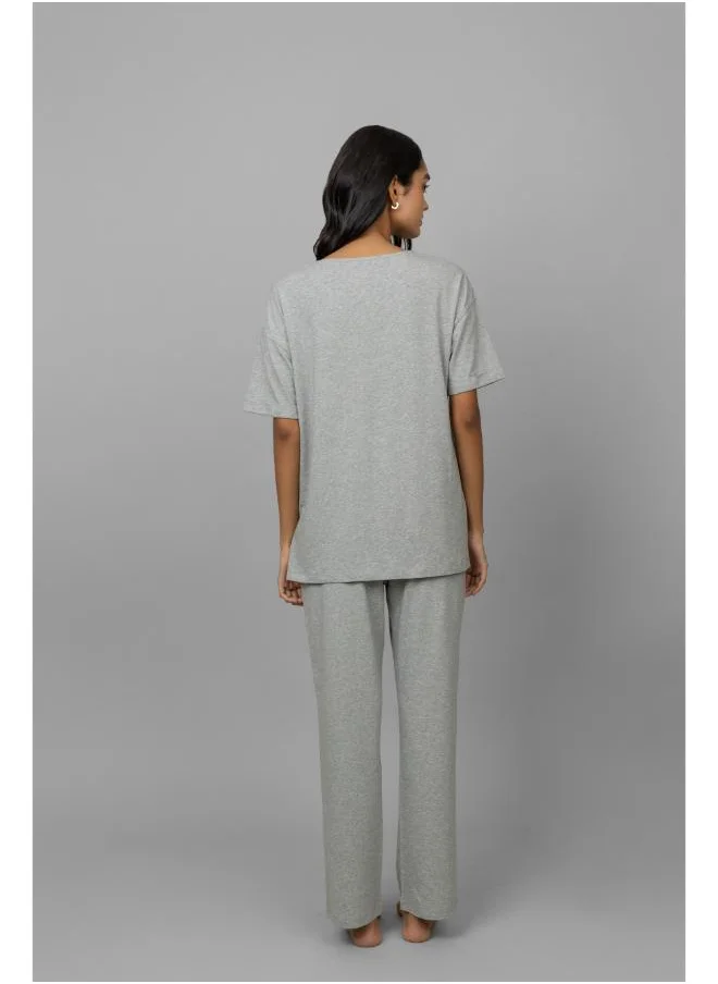 نسيسير Grey Melange Cotton Lycra Side Slit Pajama Set