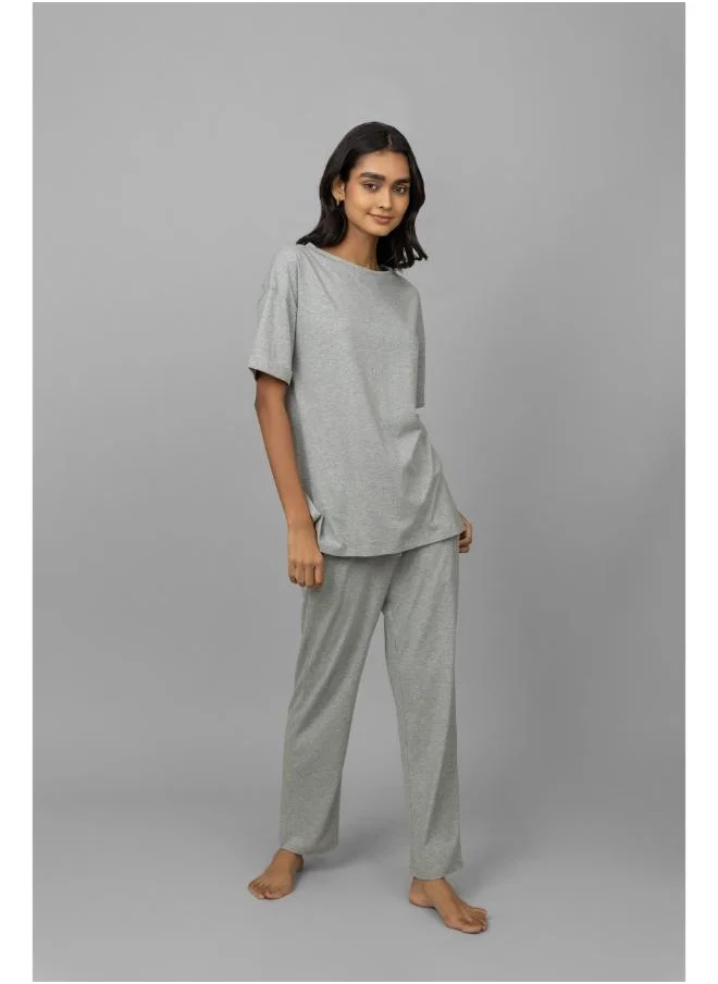 نسيسيرا Grey Melange Cotton Lycra Side Slit Pajama Set