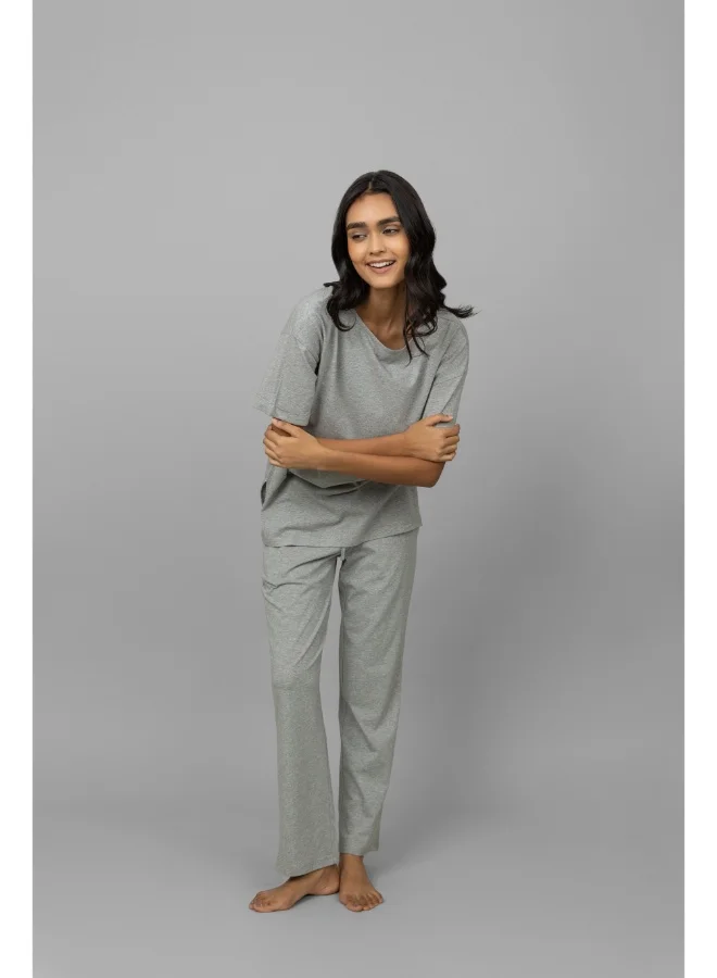 NeceSera Grey Melange Cotton Lycra Side Slit Pajama Set