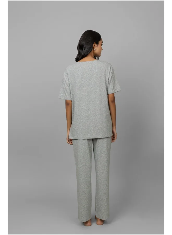 NeceSera Grey Melange Cotton Lycra Side Slit Pajama Set