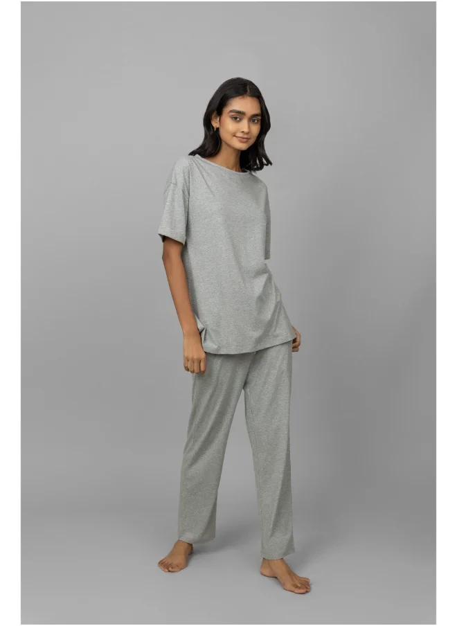 NeceSera Grey Melange Cotton Lycra Side Slit Pajama Set