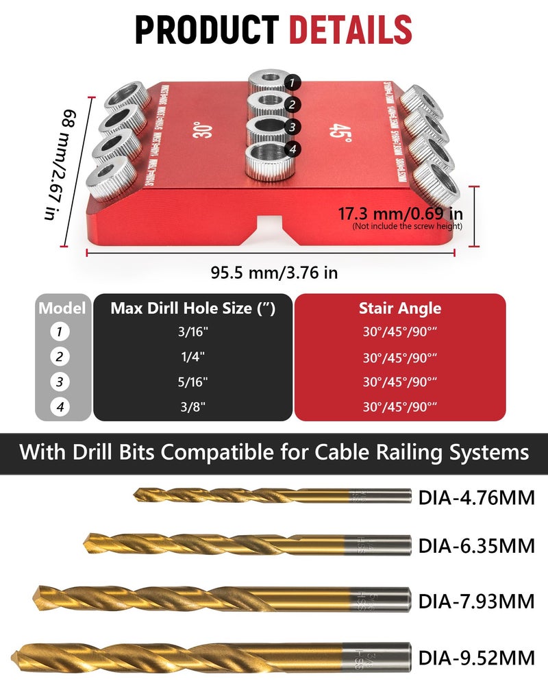 VEXTHYX 30Â°45Â°90Â° Angle Drill Guide Jig for hand drill, Portable angle drill guide block for straight or angled holes, pocket-hole tool set with 4 bits for holes in railing, handrails, drill press, decks - Image 2