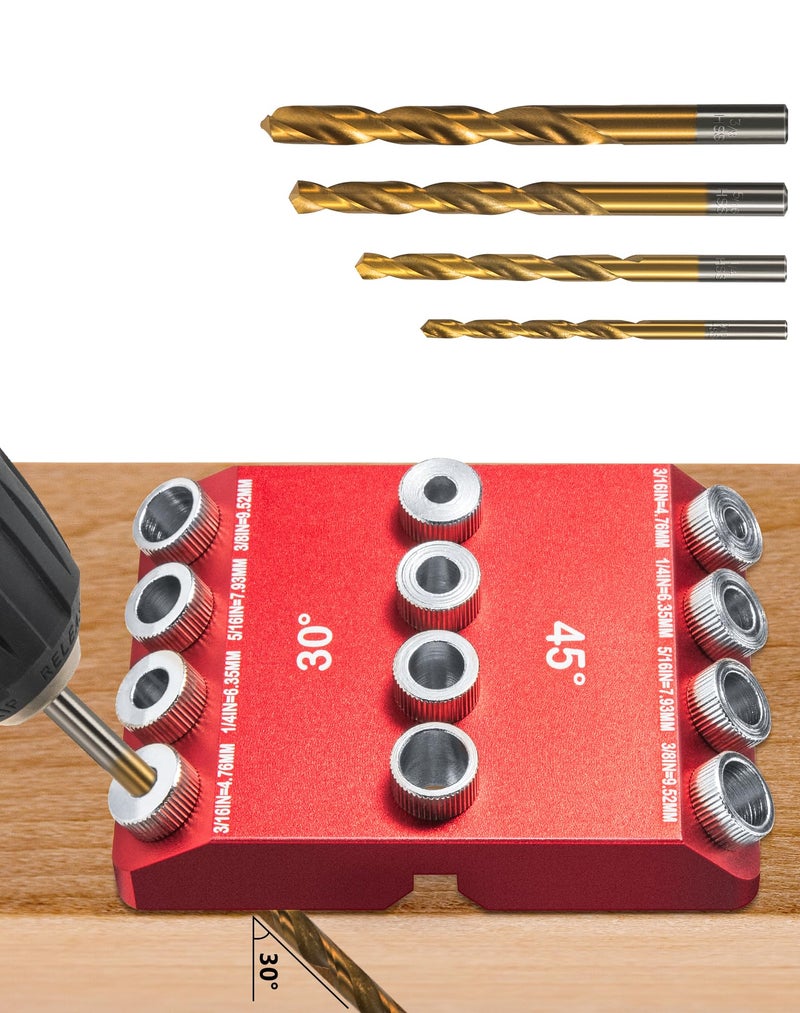 VEXTHYX 30Â°45Â°90Â° Angle Drill Guide Jig for hand drill, Portable angle drill guide block for straight or angled holes, pocket-hole tool set with 4 bits for holes in railing, handrails, drill press, decks - Image 1
