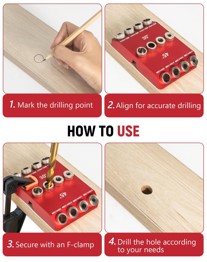 VEXTHYX 30Â°45Â°90Â° Angle Drill Guide Jig for hand drill, Portable angle drill guide block for straight or angled holes, pocket-hole tool set with 4 bits for holes in railing, handrails, drill press, decks - Image 5