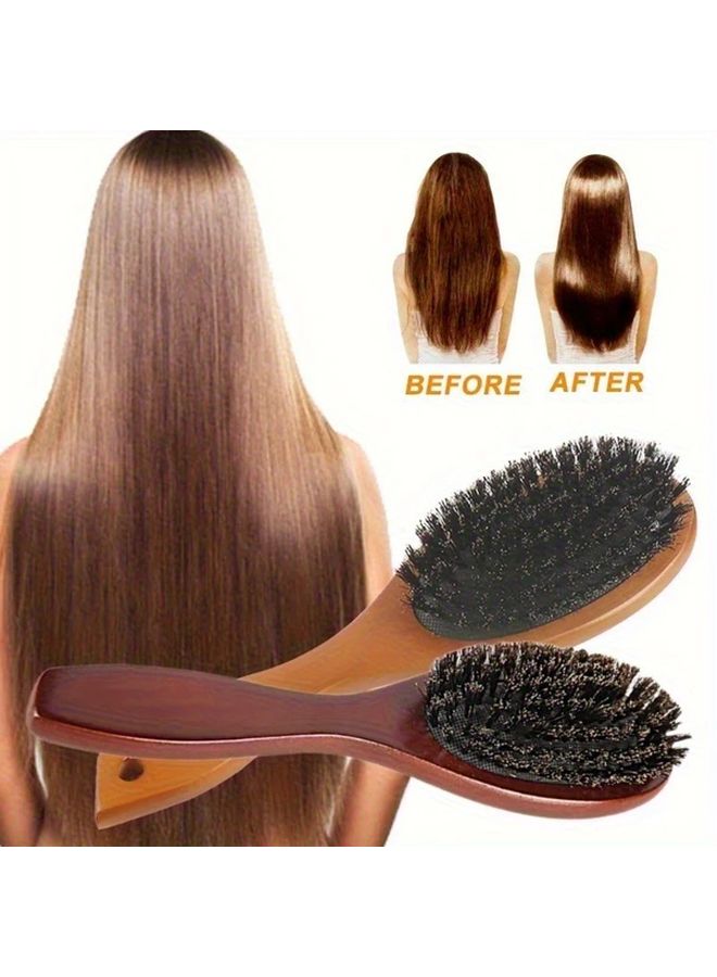 Natural Bristle Wooden Hair Brush Dark Brown For All Hair Types Scalp Massage - Image 1