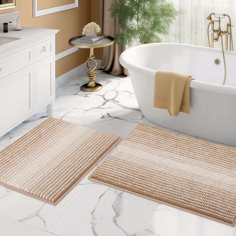 BSICPRO Bathroom Rugs and Mats Sets, 2 Piece Thick Absorbent Chenille Bath Mat Rug Set Non Slip, Soft Shaggy Bath Room Floor Mats for Bathroom, Machine Washable (20" x 32" Plus 16" x 24", Beige) - Image 1