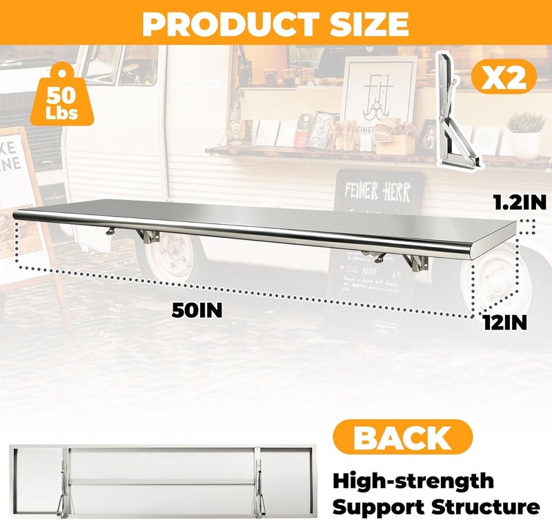 Sidasu 50" x 12" Folding Concession Shelf–Stainless Steel Food Shelf Serving for Concession Serving Window,Kitchen,Restaurant,Bar Use - Image 2