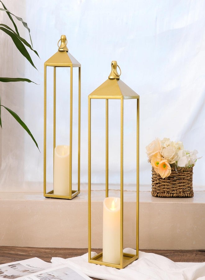 MATAHUM 22'' 19'' Large Lanterns Decorative Outdoor Indoor, Set of 2 Gold Metal Candle Lantern Modern Farmhouse Floor Lanterns Decorative for Mantle, Patio, Porch, Garden, Home Decor - Image 4
