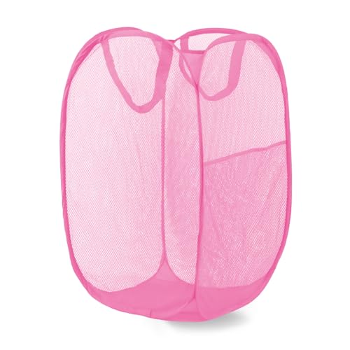 LXLOVESM Pop Up Laundry Hamper Mesh Laundry Basket Collapsible Foldable Hamper for Travel and Storage Pink - Image 1