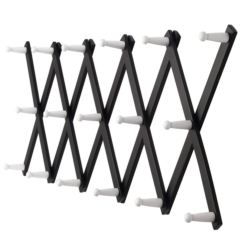 Dseap Accordian Wall Hanger 16 High Wooden Wall Expandable Coat Rack Hat Rack Holder Accordion Hook for Baseball Caps Coats Mugs17 Peg Hooks Black  White