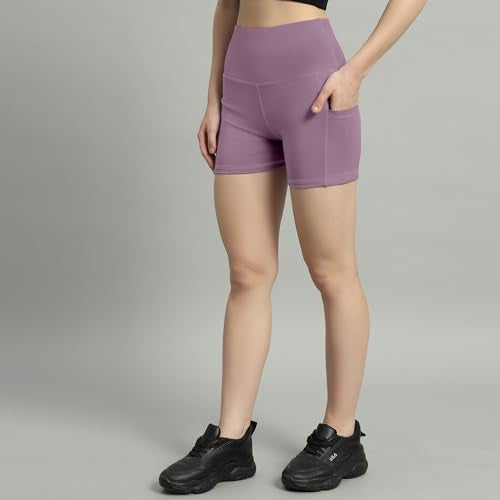 Mehrang High Waist Workout Shorts for Women, Midnight Sky, Bike Shorts with Elastic Waistband and Pockets, (M, Lavender) - Image 3