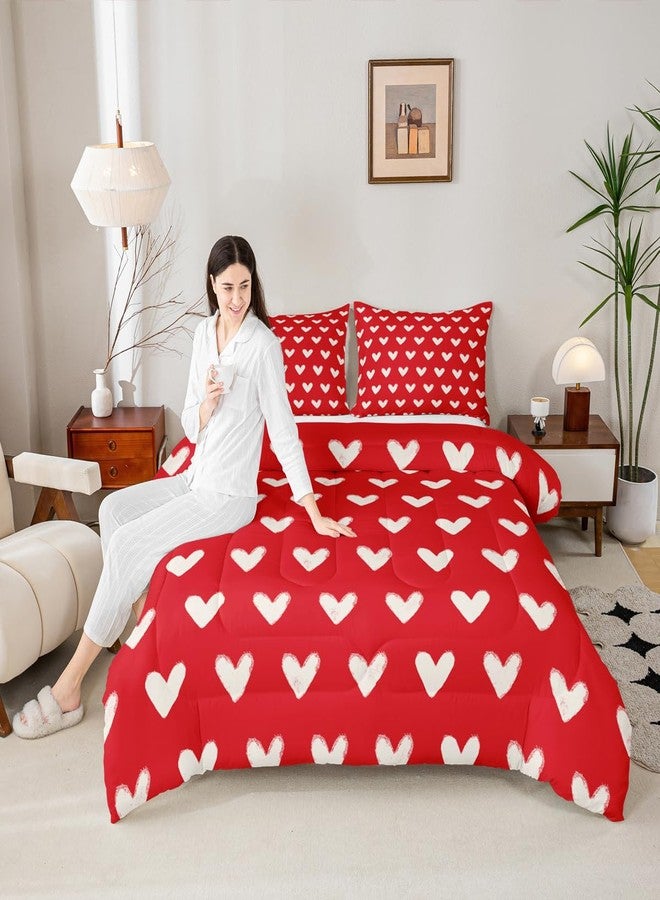 Erosebridal طقم لحاف أحمر وأبيض، مقاس كوين، بنقشة قلوب لطيفة، مناسب للأطفال من الجنسين، هدية مثالية لعيد الحب، لحاف مزين برسومات كرتونية وقلوب هندسية، حشوة لحاف ناعمة ودافئة، طقم مفروشات لغرفة النوم، 3 قطع - Image 4