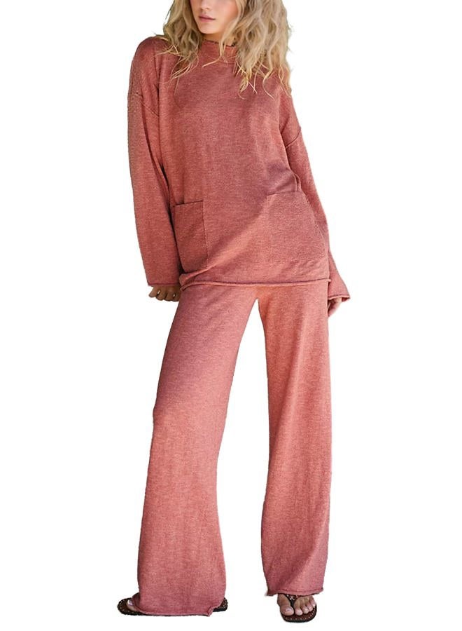 IQSQSQ Women's 2 Piece Sweater Set Long Sleeve Knit Top Wide Leg Pants Fall Winter Casual Lounge Outfit, Coral Pink, L - Image 5