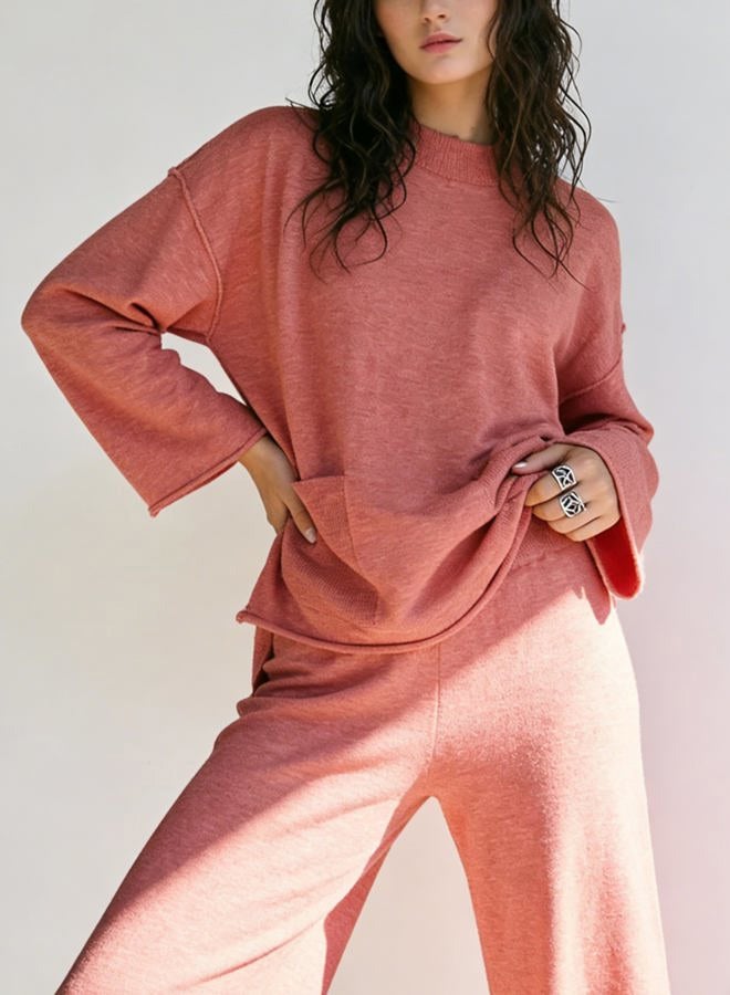 IQSQSQ Women's 2 Piece Sweater Set Long Sleeve Knit Top Wide Leg Pants Fall Winter Casual Lounge Outfit, Coral Pink, L - Image 2
